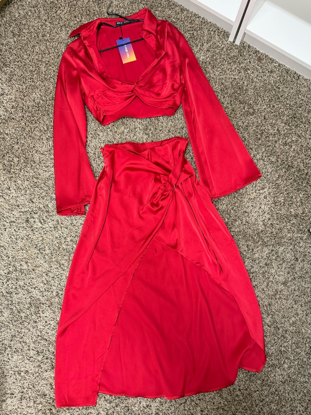 Red Satin Two-Piece Crop Top & Maxi Skirt Set